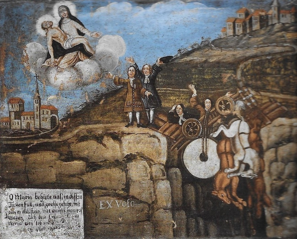 Chute d'un attelage Ex-voto Ermitage Longeborgne pèlerinage Valais