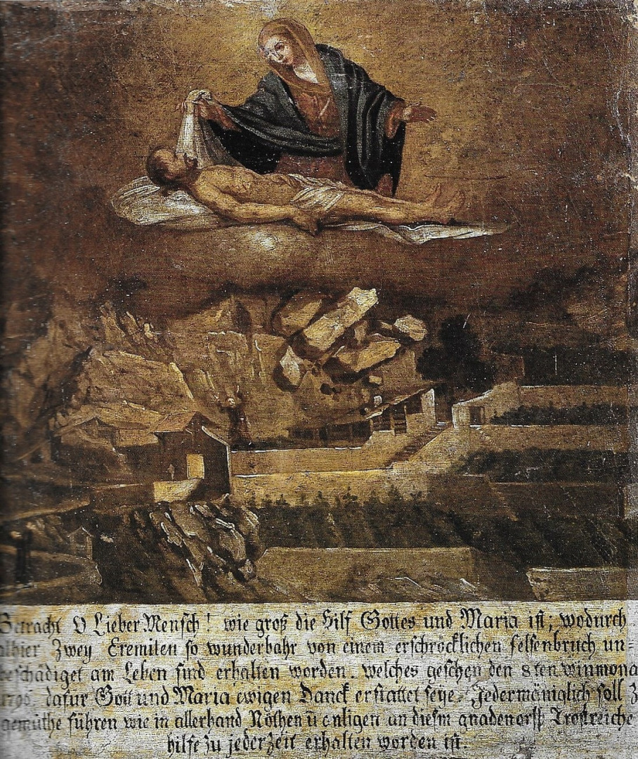 Chute de pierre éboulement Ex-voto Ermitage Longeborgne pèlerinage Valais